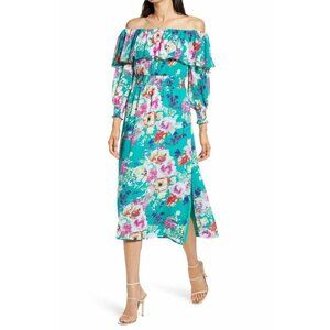 CHARLES HENRY Floral Off The Shoulder Long Sleeve Midi Dress Atlantis Roses XS